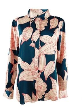 NWT DKNY Women’s Teal Pink Floral Button-Up Blouse Satin-like XL